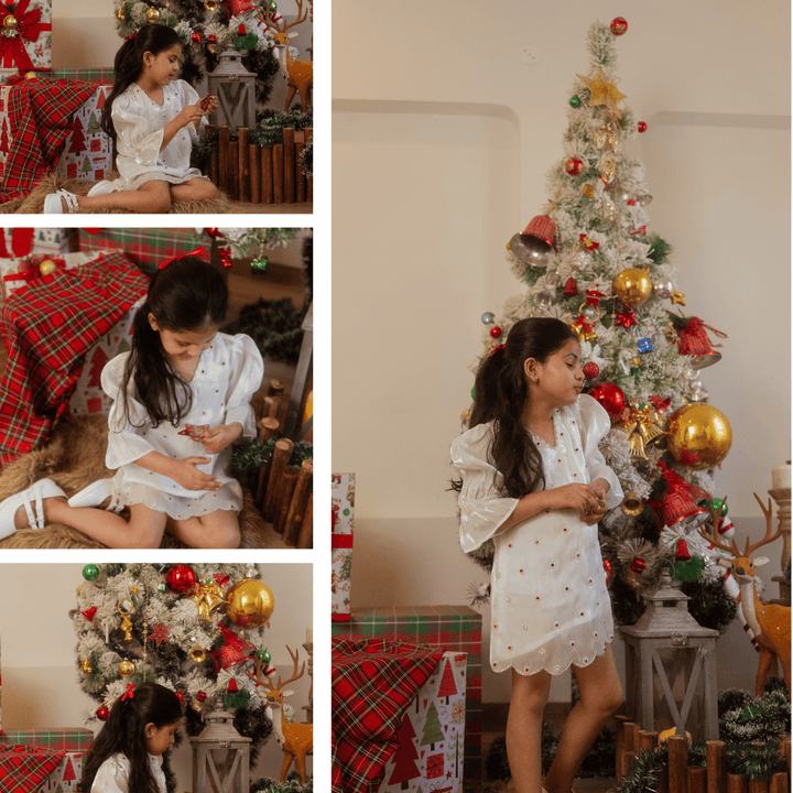 Luxury white embroidered tunic for girls for Christmas celebrations in Gurgaon