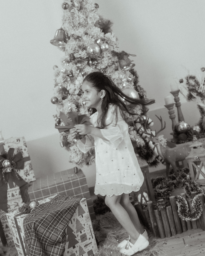 Luxury white hand-embroidered tunic for girls for winter festive events