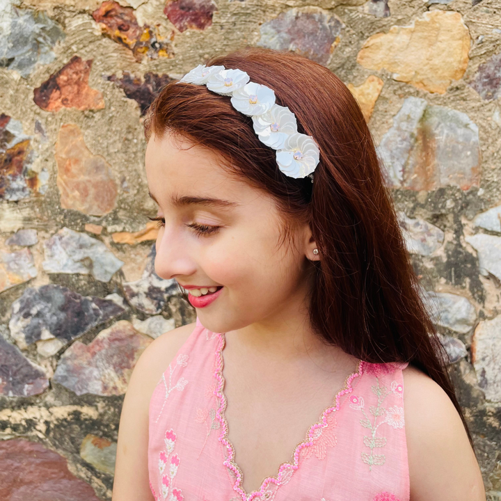 Handmade white flower head accessory adjustable with tie, Diwali and haldi celebration ethnic wear in Bangalore Indiranagar.