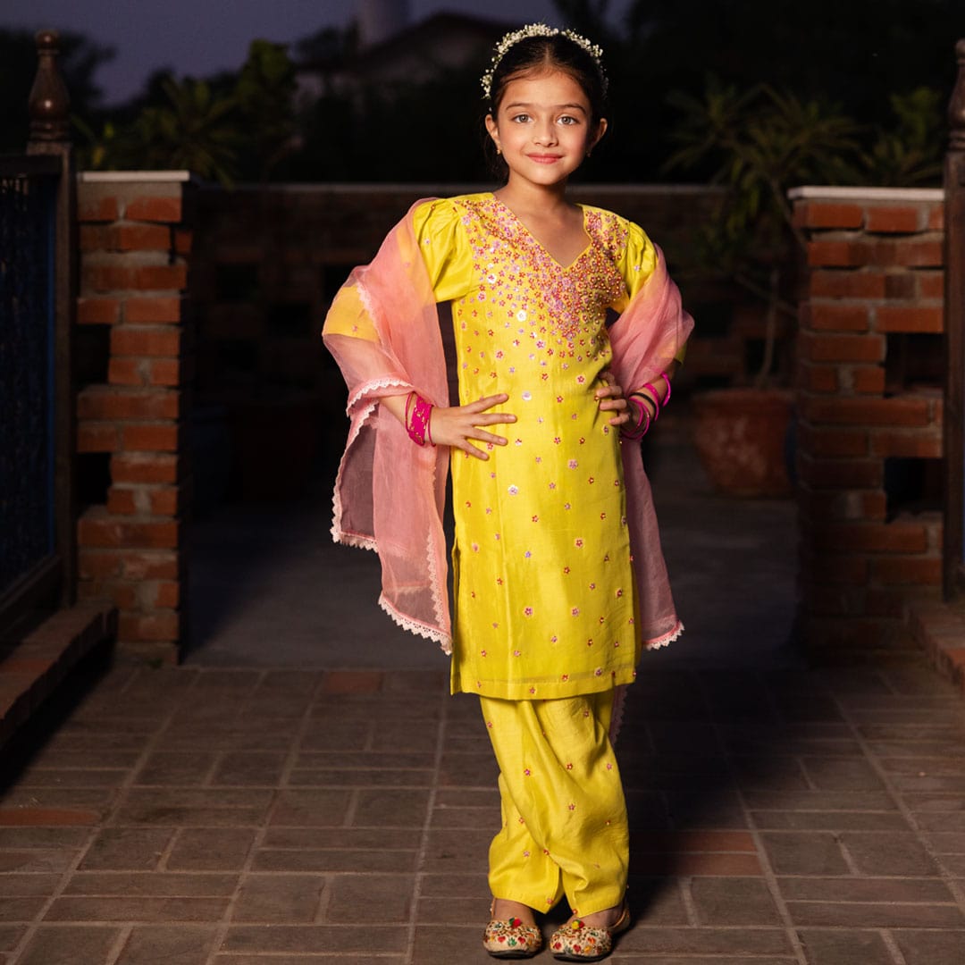Luxury yellow floral salwar set for girls for haldi and mehendi in Qatar