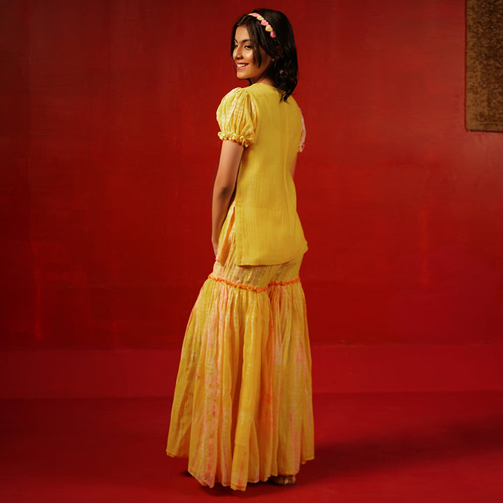 Yellow tie-dye chanderi sharara with scallop neck V-line festive girlswear Bangalore