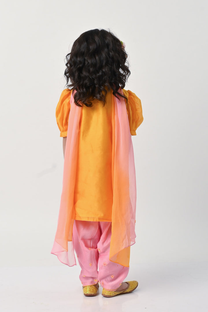 Luxury kidswear mustard and peach ethnic outfit for girls for Eid in Hyderabad