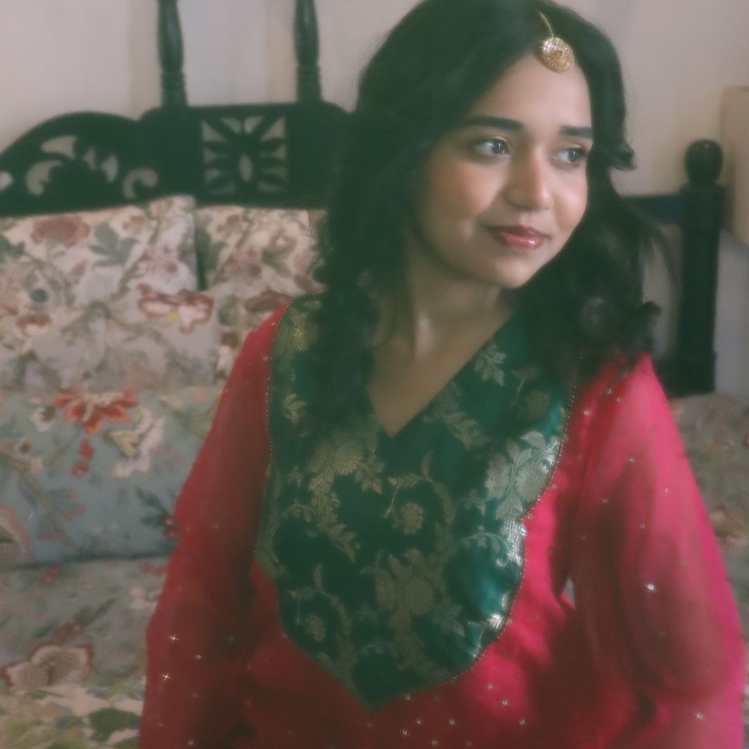 Navratri festive pink kurta with green flared sharara