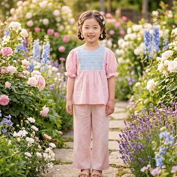 Pink Flower Embroidered Co-ord Set for Girls