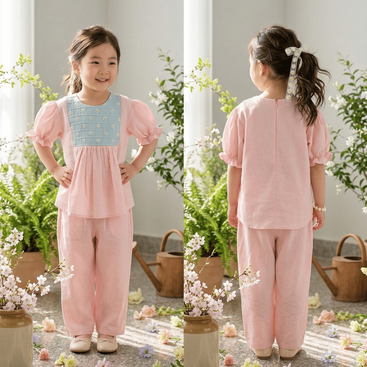 Pink Flower Embroidered Co-ord Set for Girls