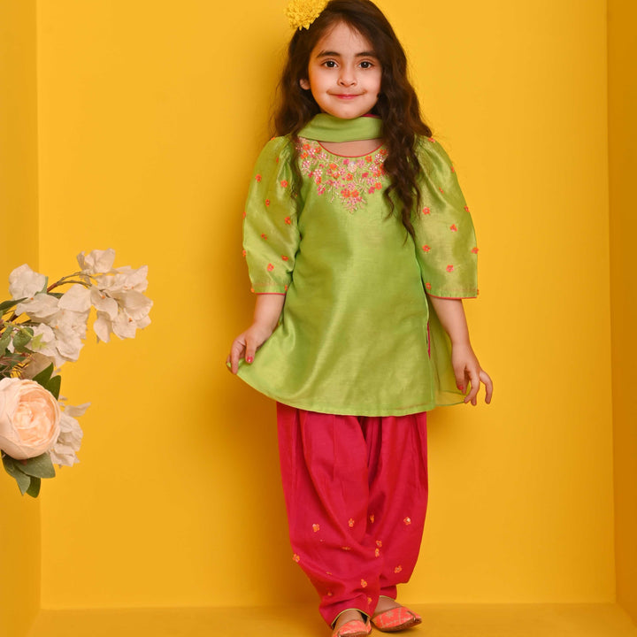 Parrot green suit with fuchsia pink salwar for girls luxury ethnic kidswear Delhi Mumbai