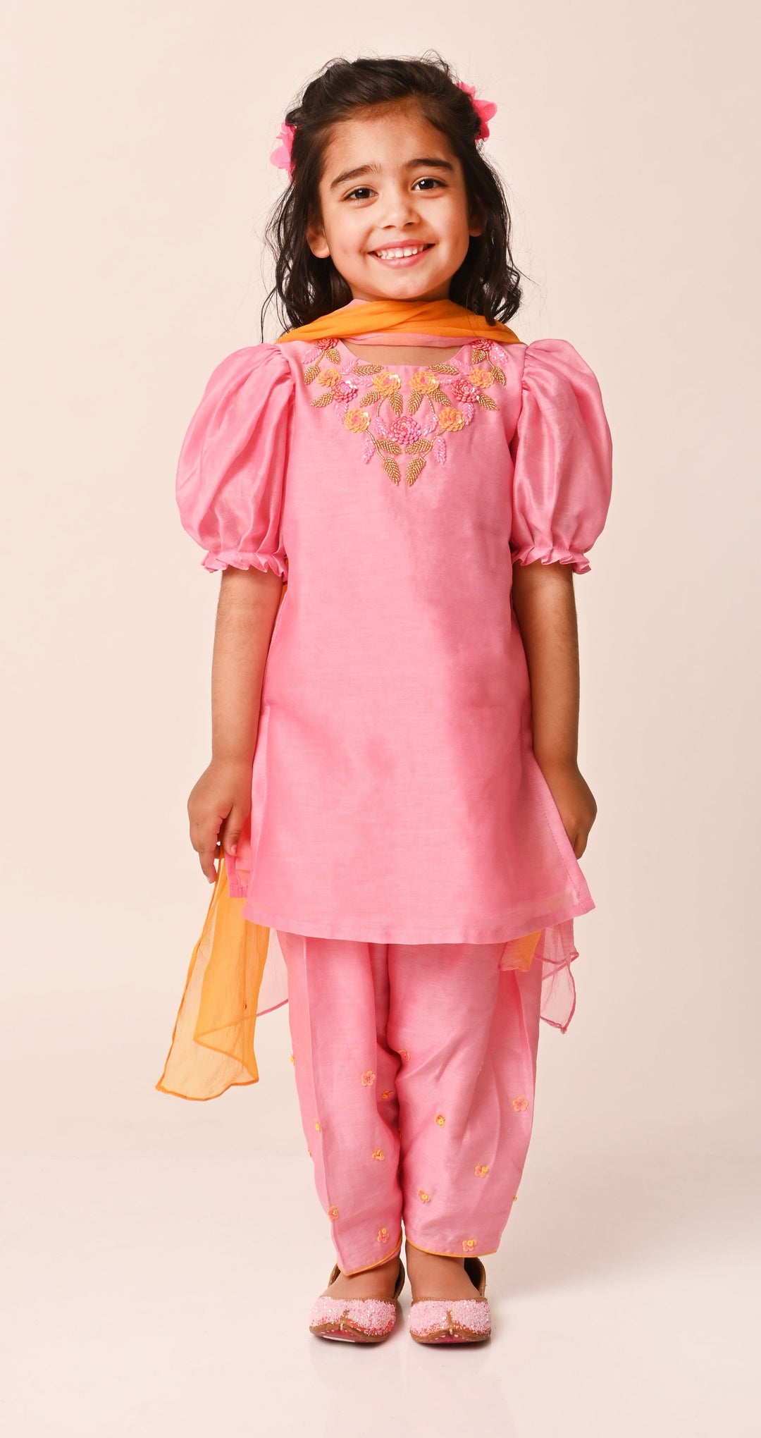 Elegant peach organza salwar with Swarovski lace for haldi ceremony in UAE