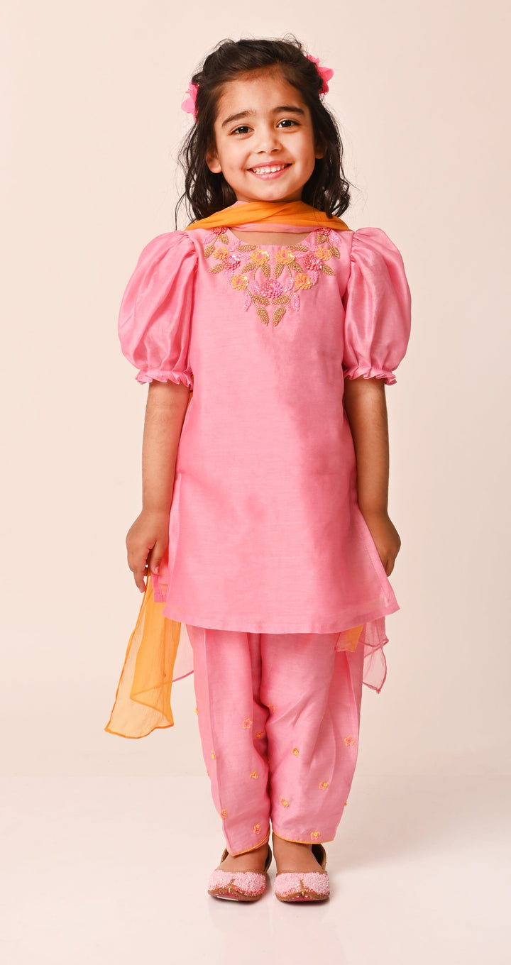 Elegant peach organza salwar with Swarovski lace for haldi ceremony in UAE
