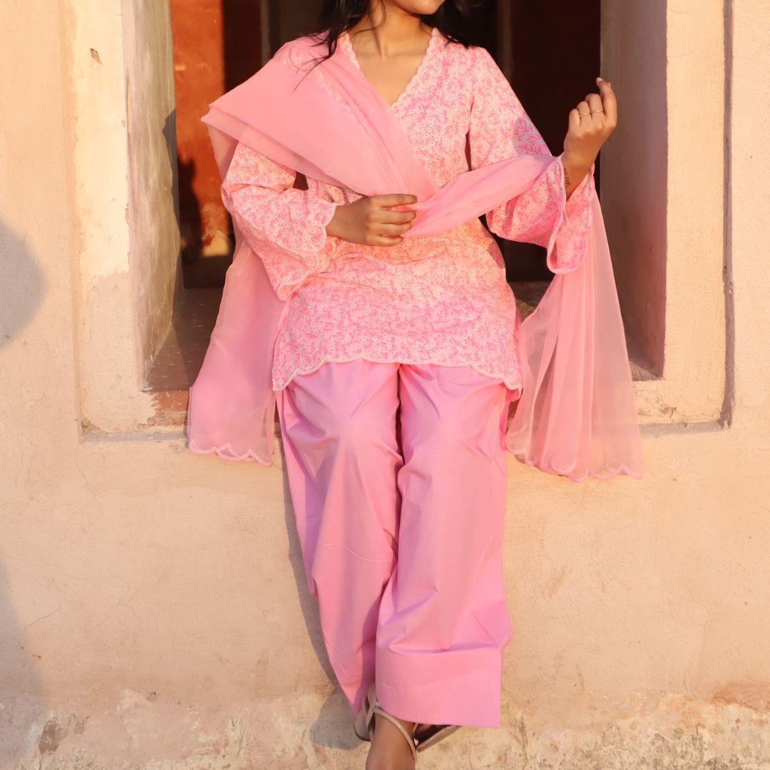 Pink floral printed pearl farshi salwar for Bangalore festive events