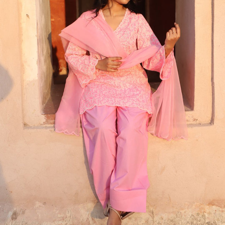 Pink floral printed pearl farshi salwar for Bangalore festive events