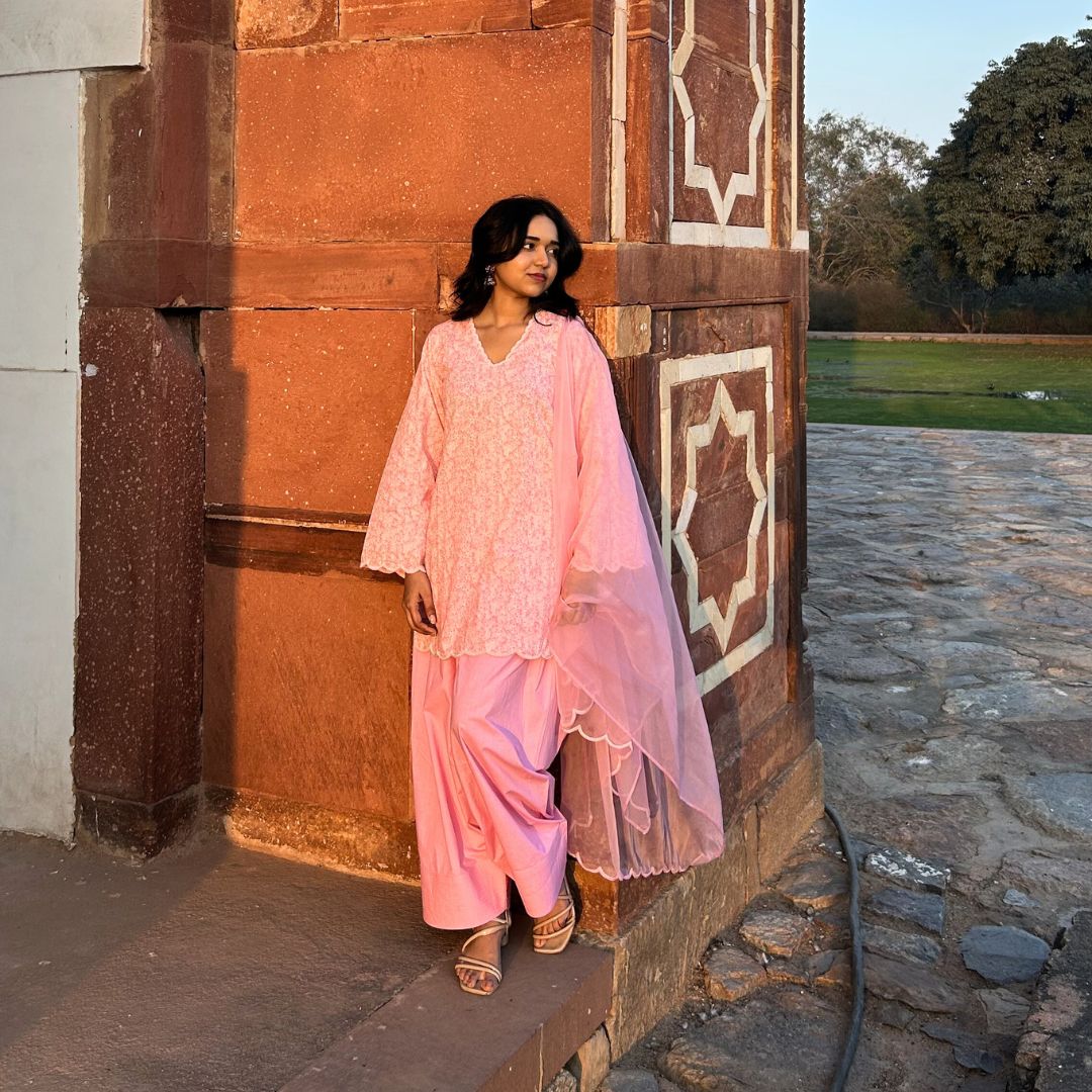 Pink floral scallop ethnic wear for girls for Rakhi in Hyderabad