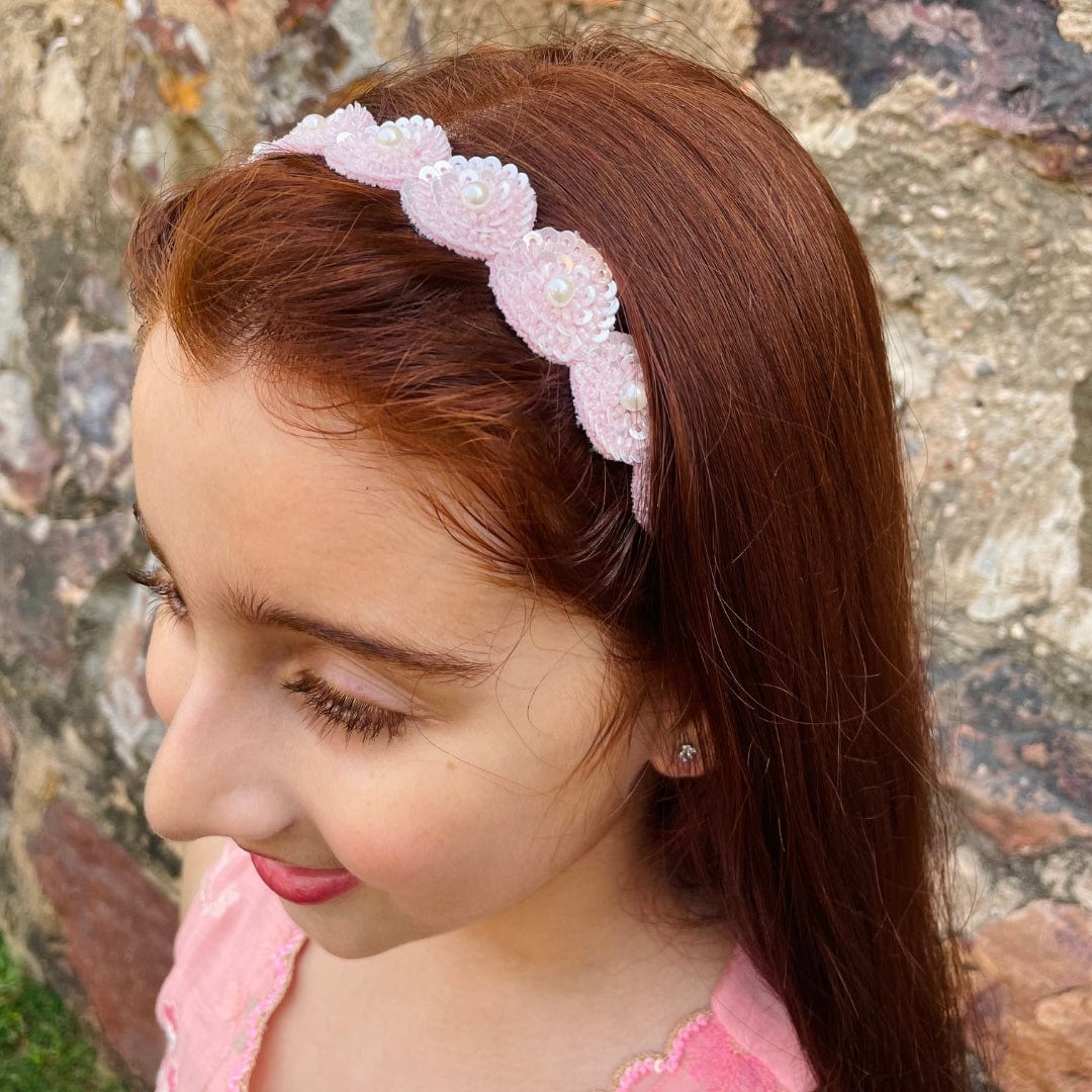 Girls pink sequin headband with pearl detailing, perfect for lehenga, sharara, or suit salwar outfits.