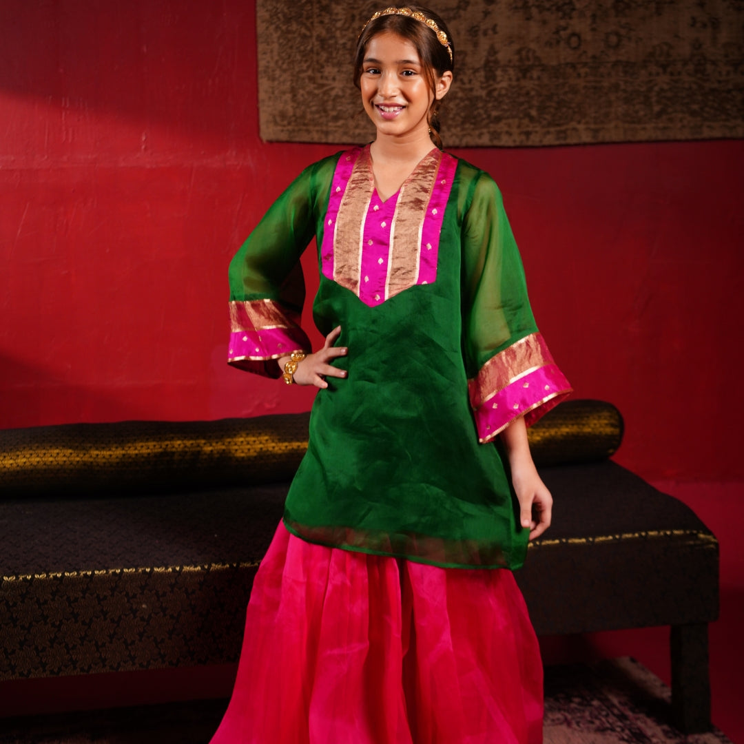 Designer emerald green sharara kurti set golden lace embellishment festive Mumbai