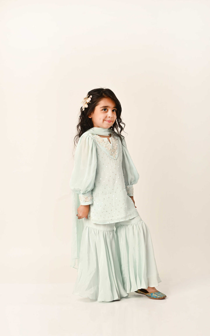 Premium aqua blue sharara outfit for girls wedding ethnic kidswear Hyderabad India