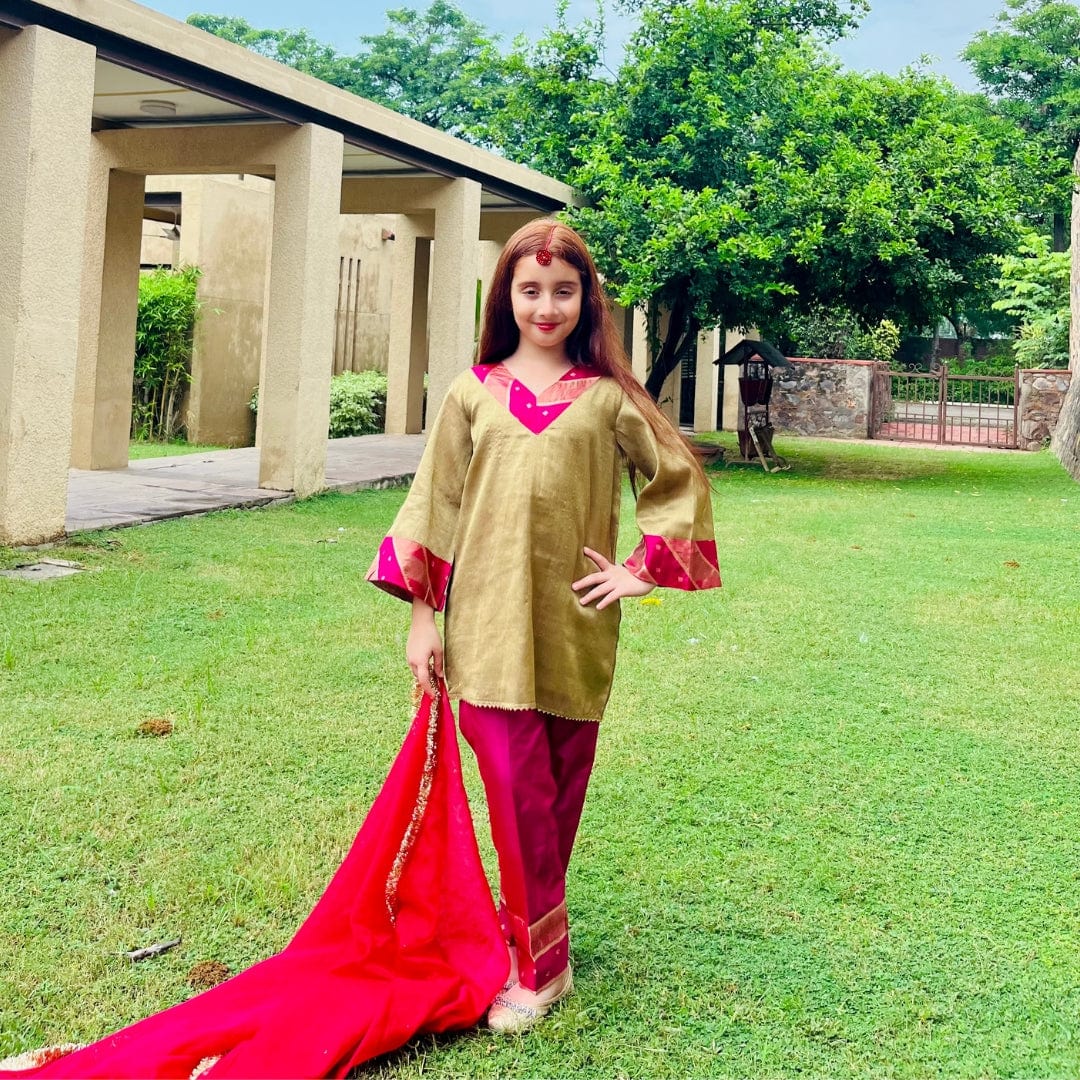 Festive golden suit with pink pants for girls for Indian wedding celebrations