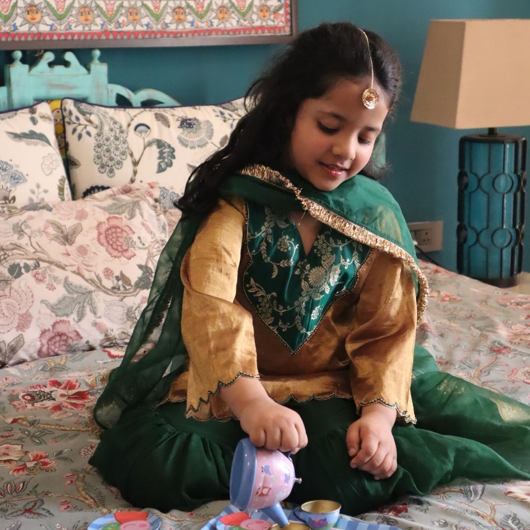 Premium golden tissue green sharara ethnic wear for girls for South Delhi haldi