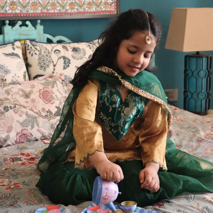 Premium golden tissue green sharara ethnic wear for girls for South Delhi haldi