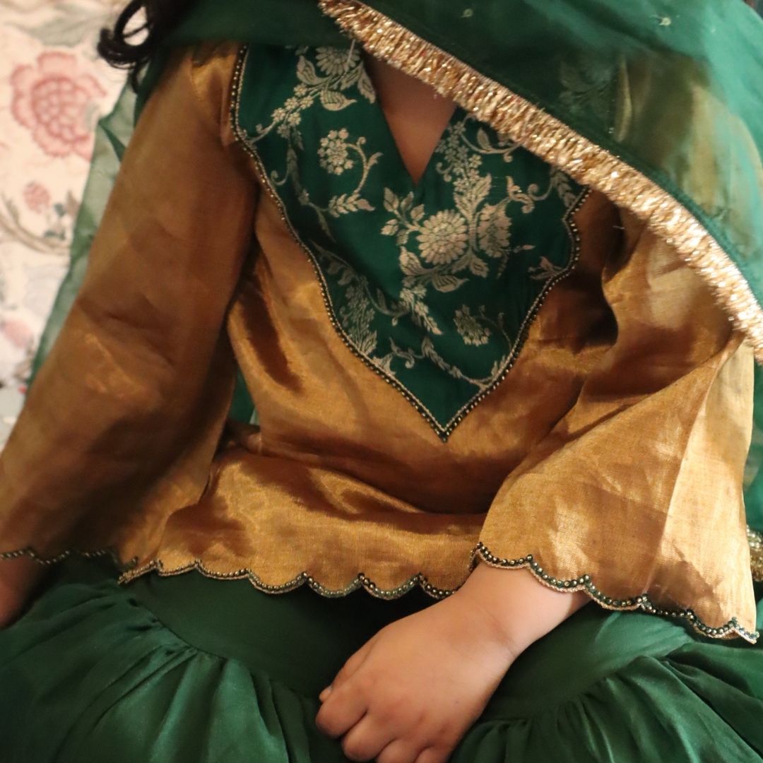 Premium golden tissue kurta for girls with green sharara in UAE