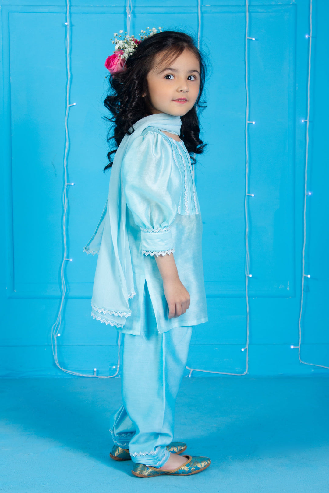 Premium hand-embellished sky blue suit for girls for haldi event in Dubai