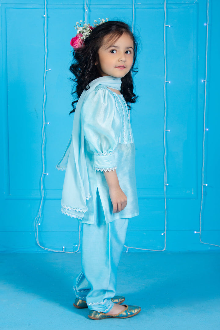 Premium hand-embellished sky blue suit for girls for haldi event in Dubai