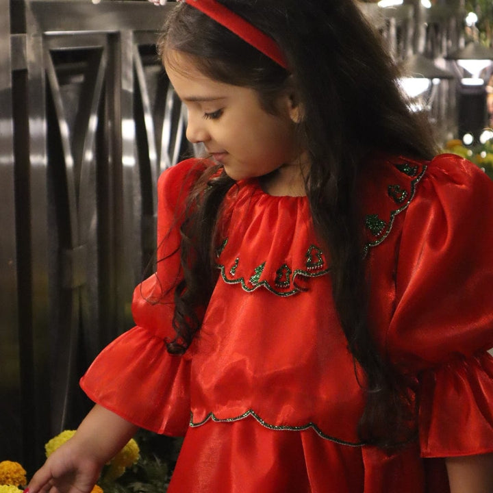 Premium red embroidered Christmas top for girls Hyderabad kidswear