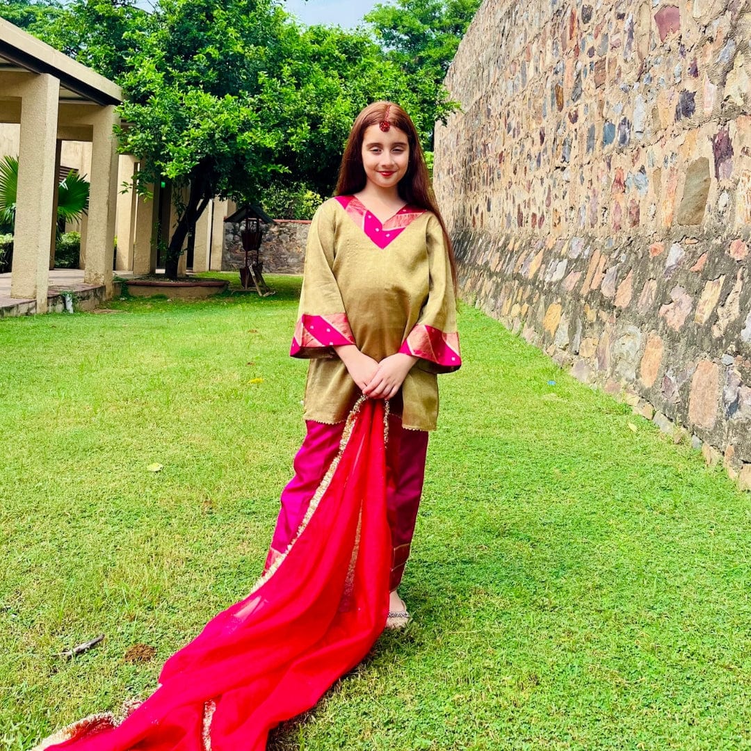 Golden suit with organza dupatta and pink pants for festive occasion in Dubai