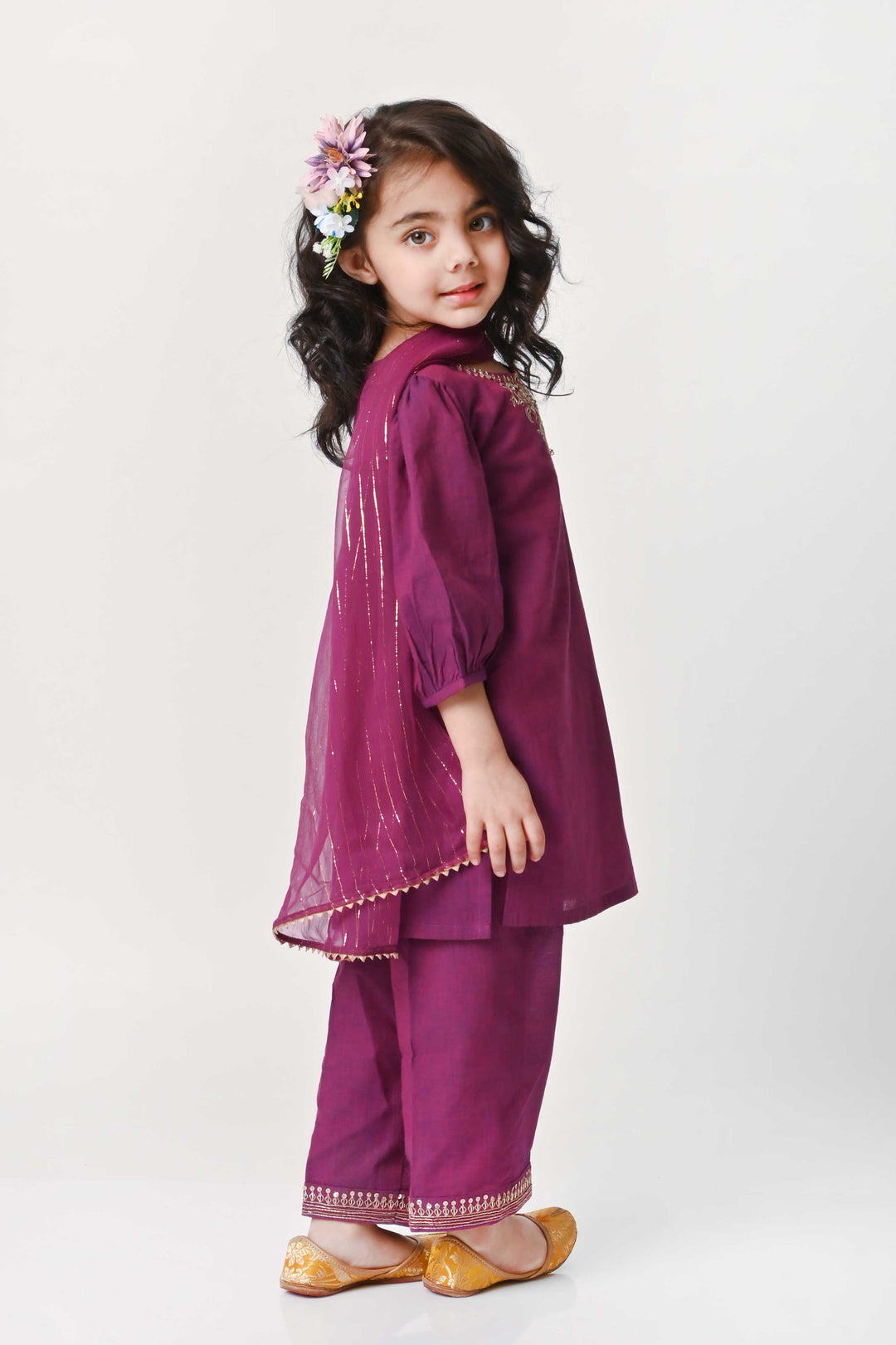 Purple zari embroidered salwar suit for girls for UAE celebrations