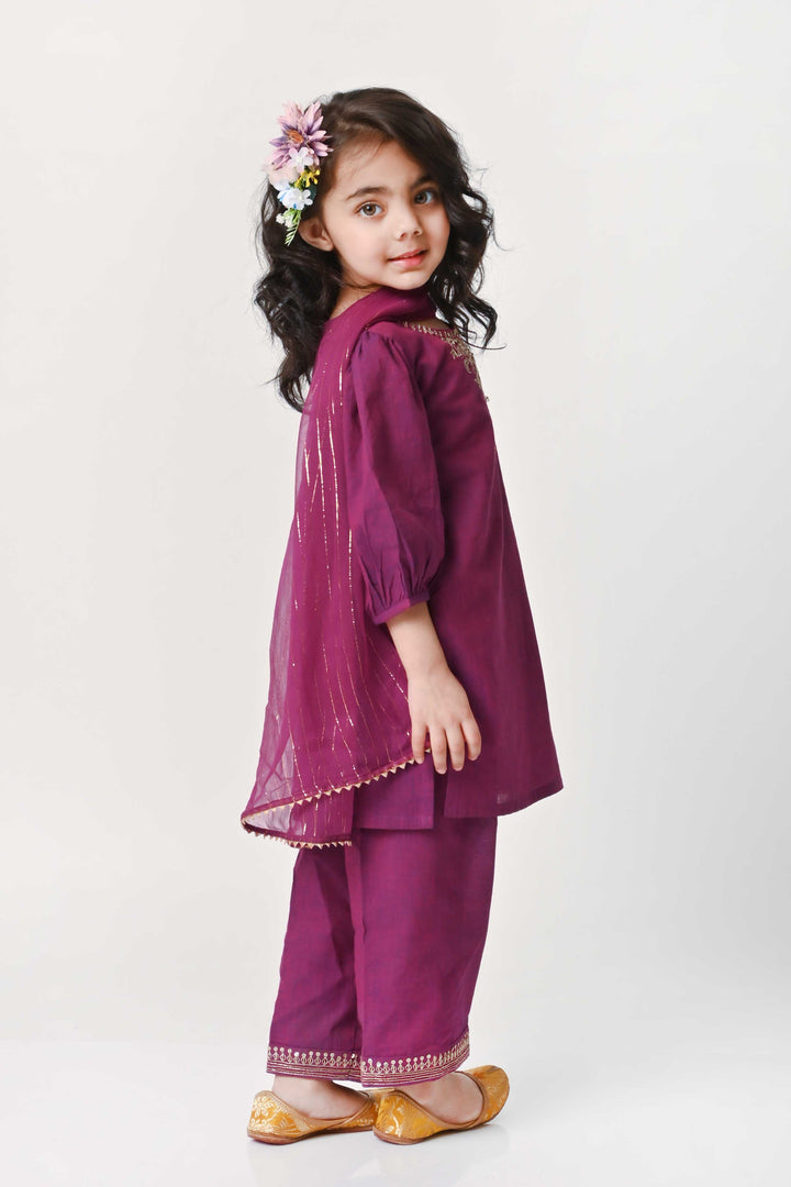 Purple zari embroidered salwar suit for girls for UAE celebrations