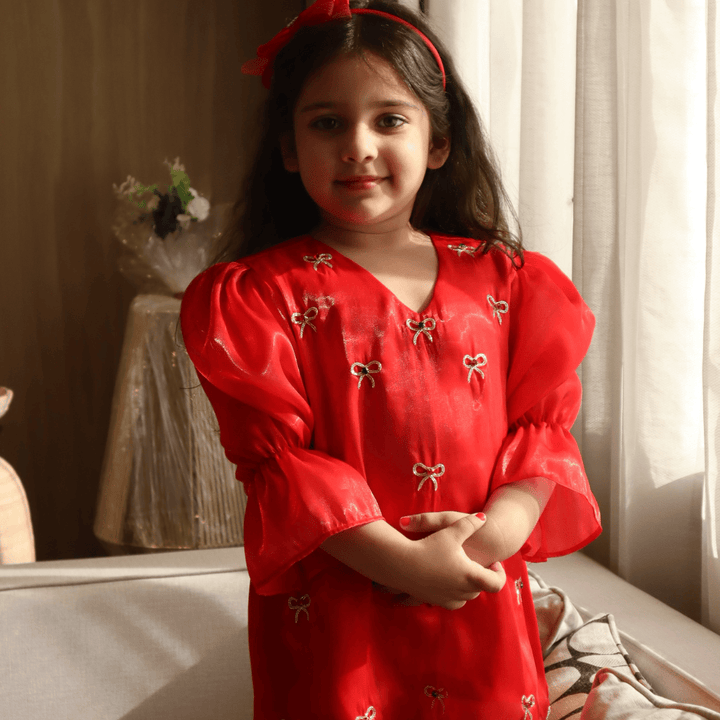 Red Christmas tunic for girls in Delhi luxury kidswear