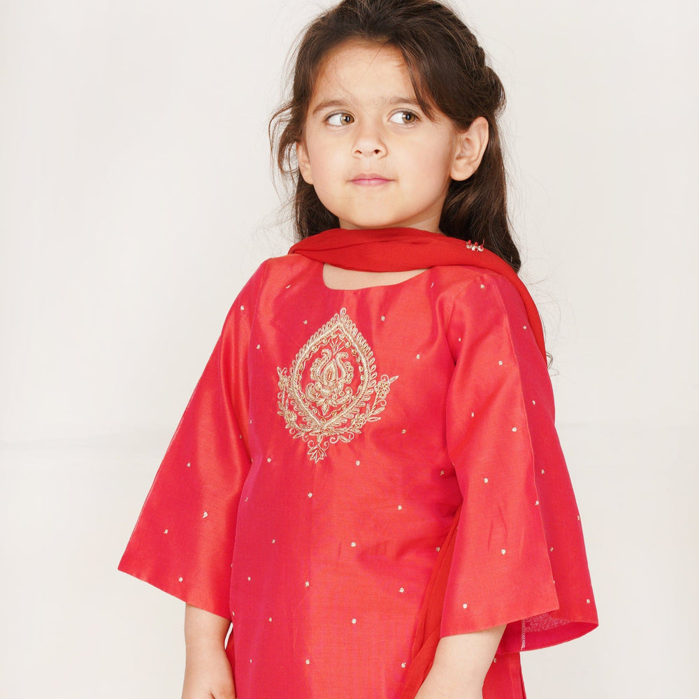 Red hand-embellished ethnic wear for girls for Eid celebrations in UAE