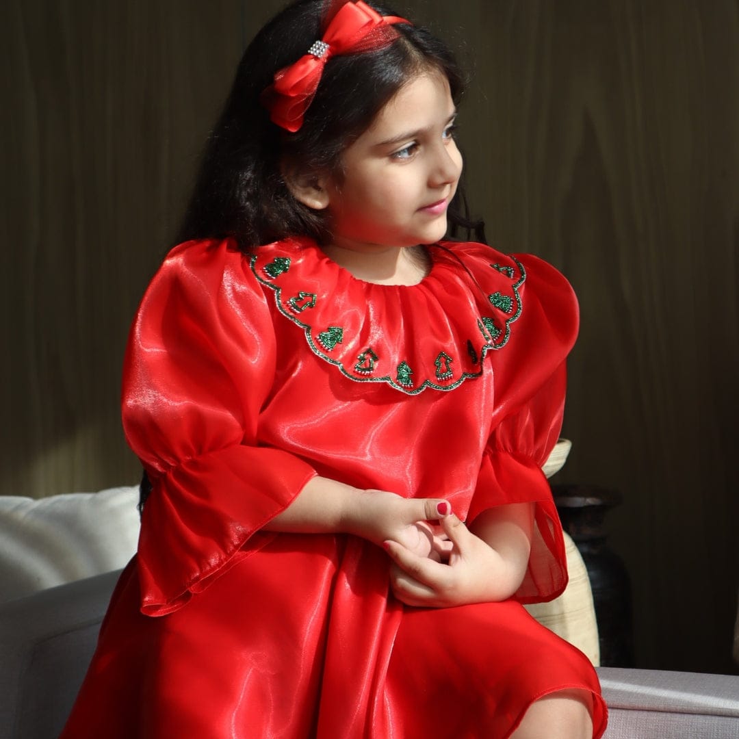 Red hand-embroidered girls top Christmas outfit