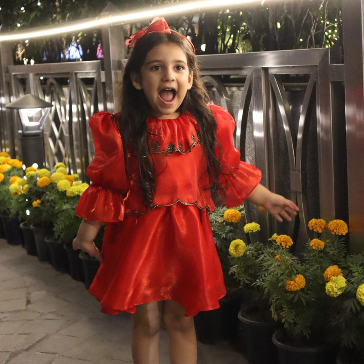 Red hand-embroidered top for girls Christmas wear Dubai fashion