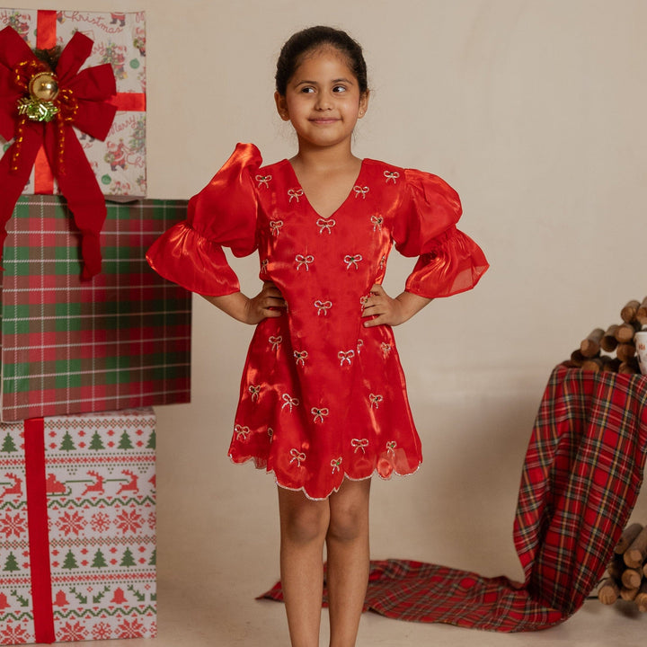 Red hand embroidered tunic for girls for Christmas celebrations in South Delhi