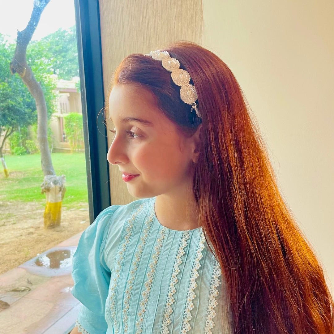Handmade sky blue and white pearl sequined headband, lightweight and comfortable for ethnic outfits.
