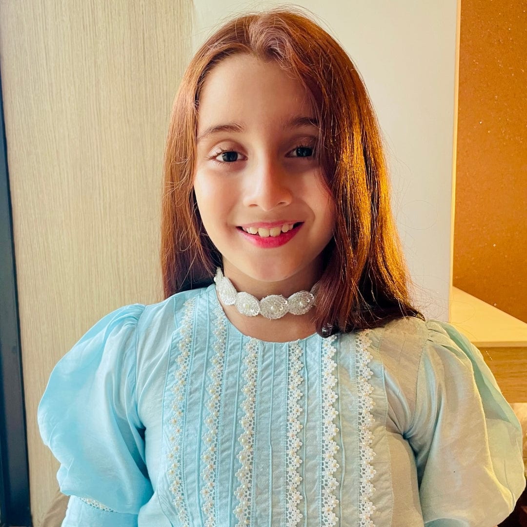 Handmade blue and white sequin choker for girls, perfect pair with lehengas, sharara suits, and salwar sets.
