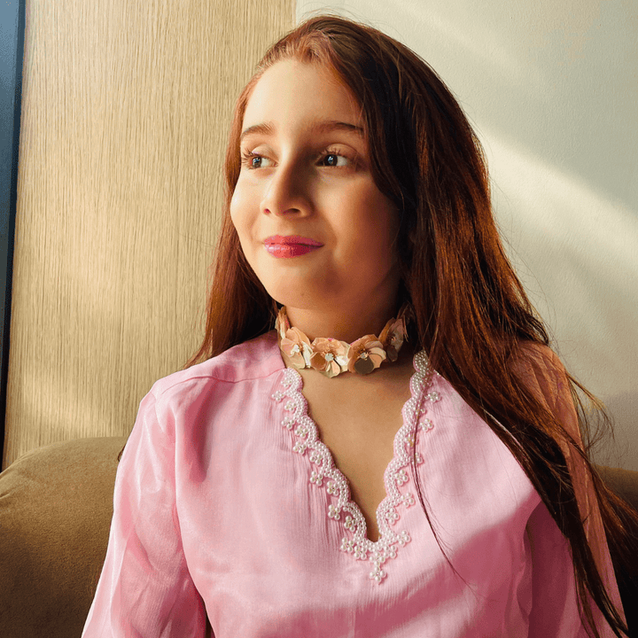 Soft peach sharara for girls – luxury ethnic daywear for brunch events in Delhi and Mumbai