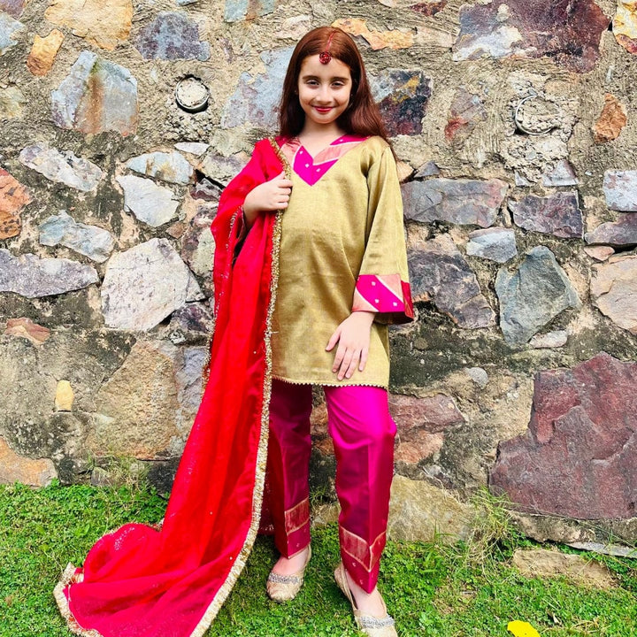 Golden suit with organza dupatta and pink pants for festive occasion in Dubai