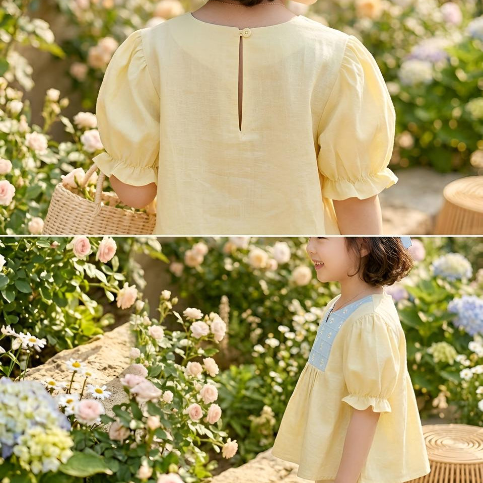 Stylish yellow floral embroidered top for girls playdate outfit