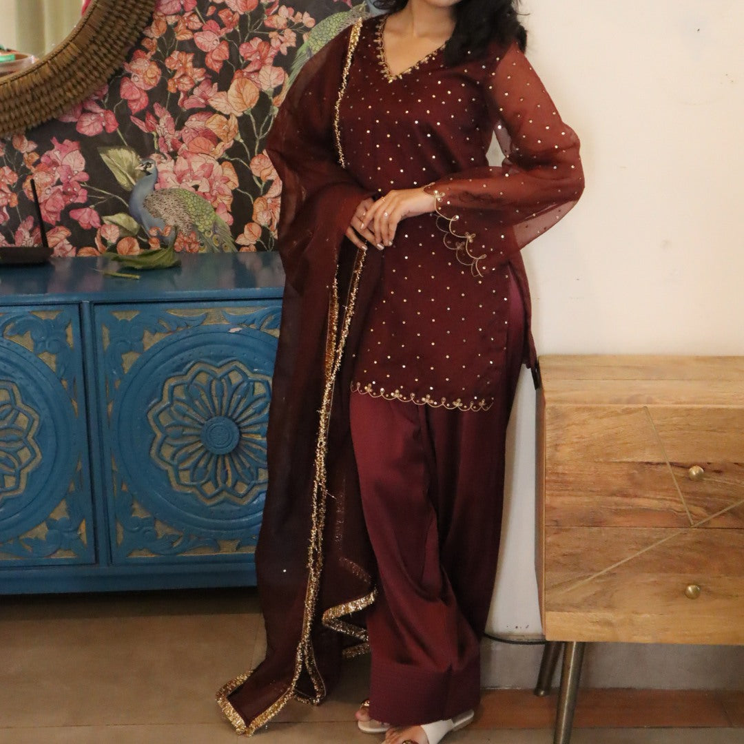 Traditional chocolate wine farshi salwar for Eid and family gatherings