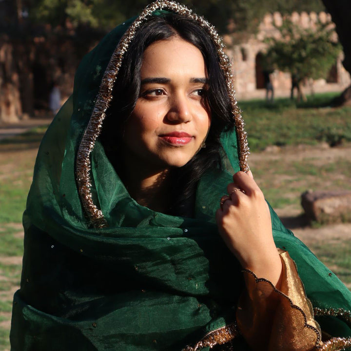 Pure Golden Tissue Kurta with Green Sharara Set for Girls