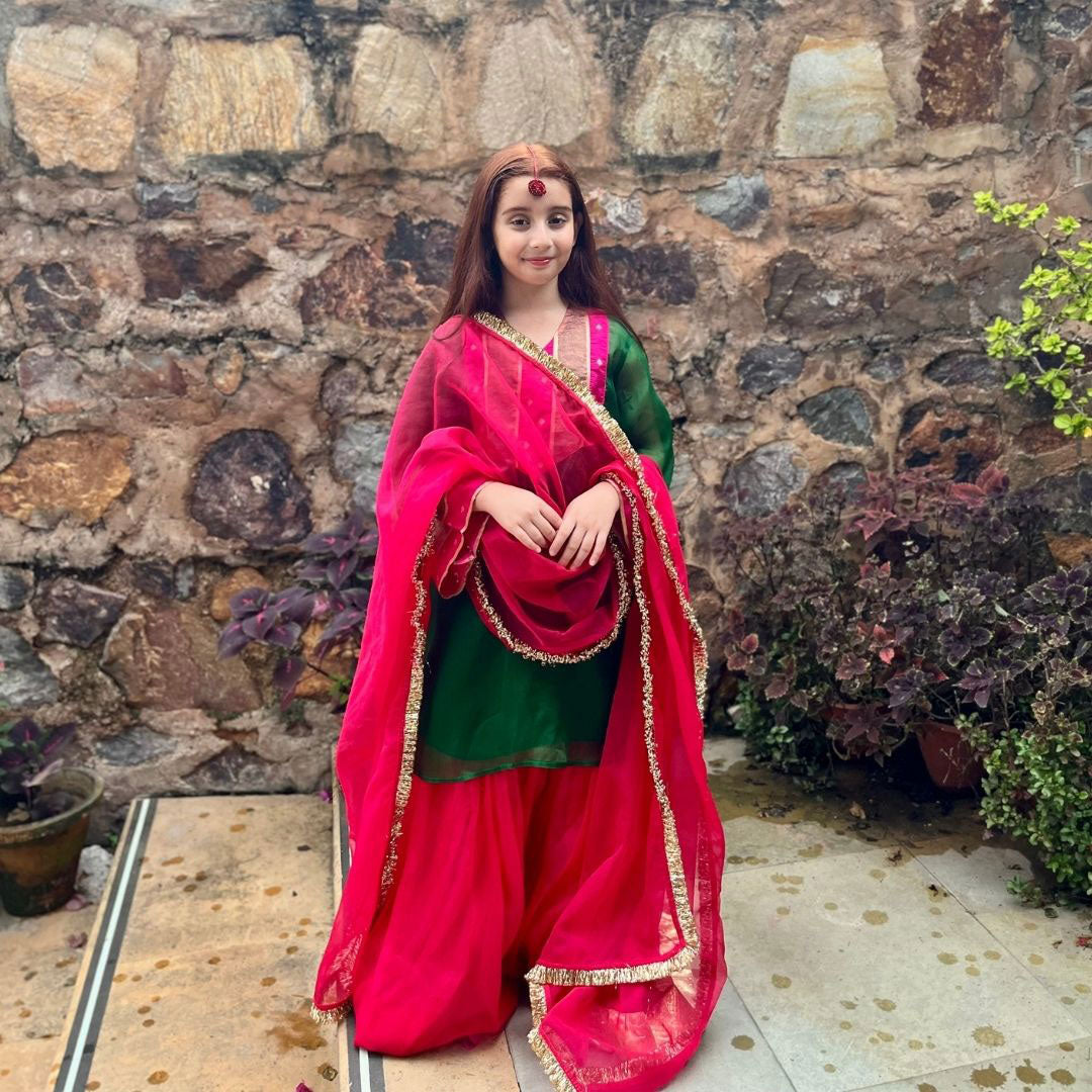 EMERALD GREEN KURTI WITH PINK SHARARA FOR GIRLS