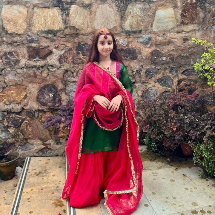 EMERALD GREEN KURTI WITH PINK SHARARA FOR GIRLS