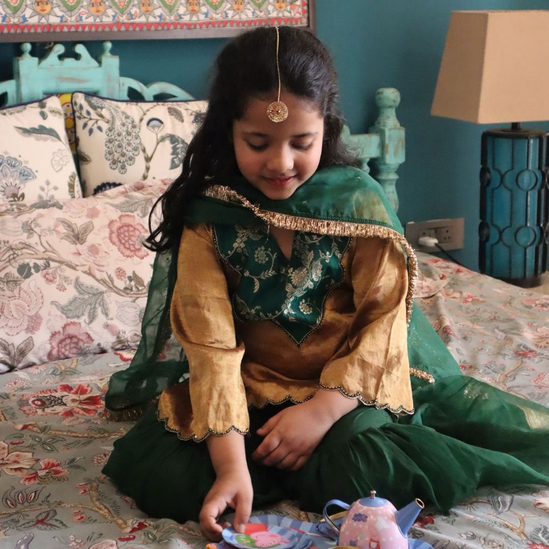 Pure Golden Tissue Kurta with Green Sharara Set for Girls