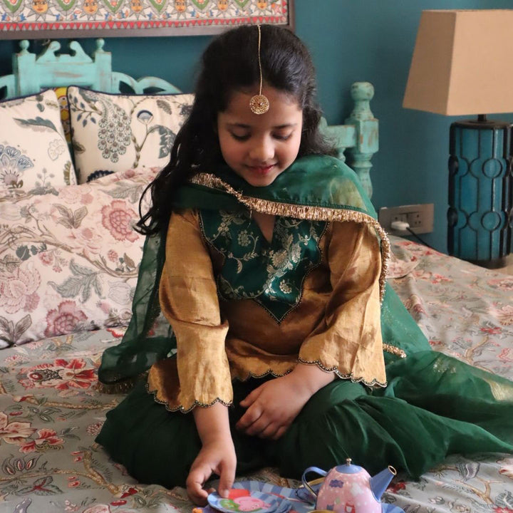 Pure Golden Tissue Kurta with Green Sharara Set for Girls