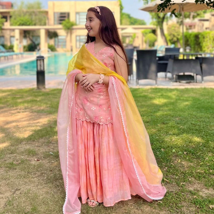 PEACH &amp; YELLOW EMBROIDERED KURTI WITH SHARARA FOR GIRLS