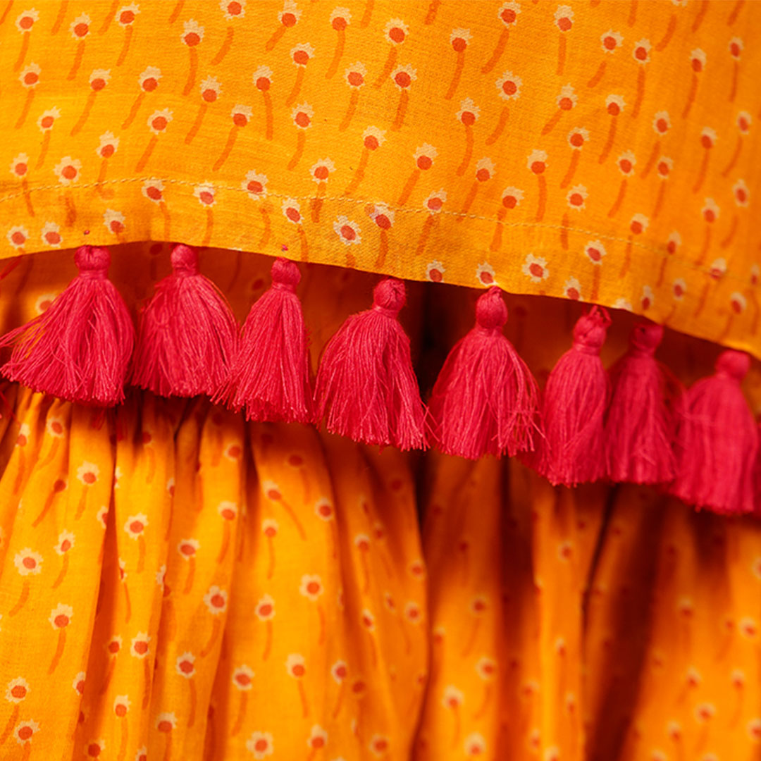 Gulmohar Mustard Yellow & Pink Floral Sharara Set for Girls – Mulmul Lining, Handcrafted Tassels & French Knots | Luxury Kids Ethnic Wear with Custom Fit