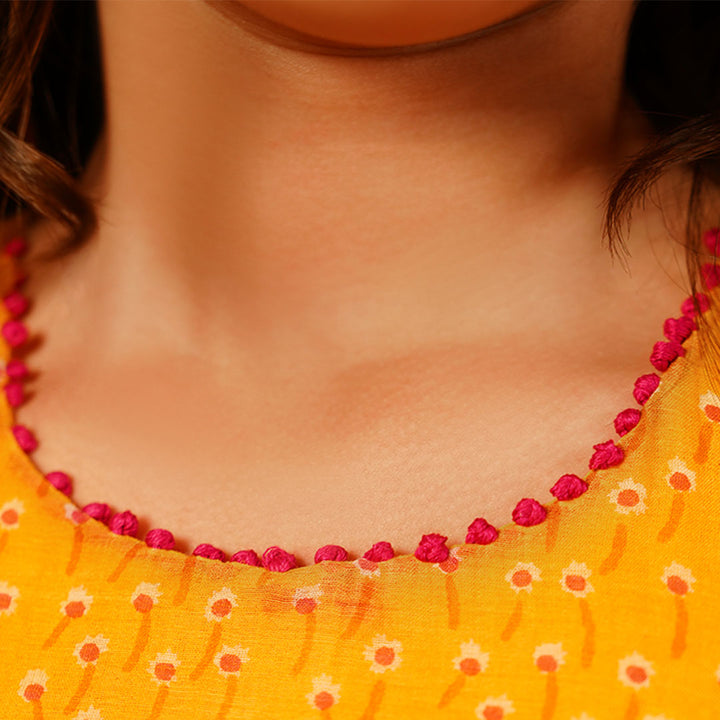 Gulmohar Mustard Yellow & Pink Floral Sharara Set for Girls – Mulmul Lining, Handcrafted Tassels & French Knots | Luxury Kids Ethnic Wear with Custom Fit