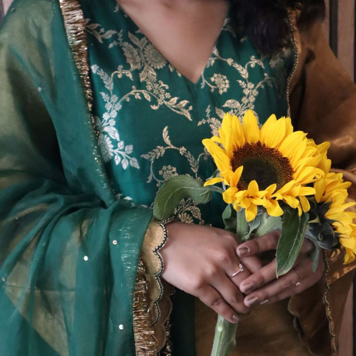Pure Golden Tissue Kurta with Green Sharara Set for Girls