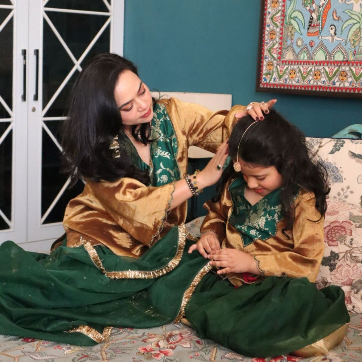Pure Golden Tissue Kurta with Green Sharara Set for Girls