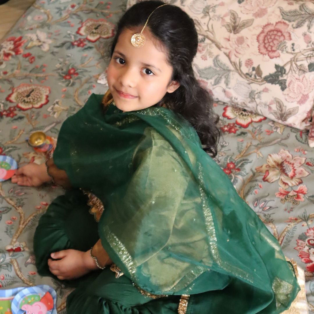 Pure Golden Tissue Kurta with Green Sharara Set for Girls